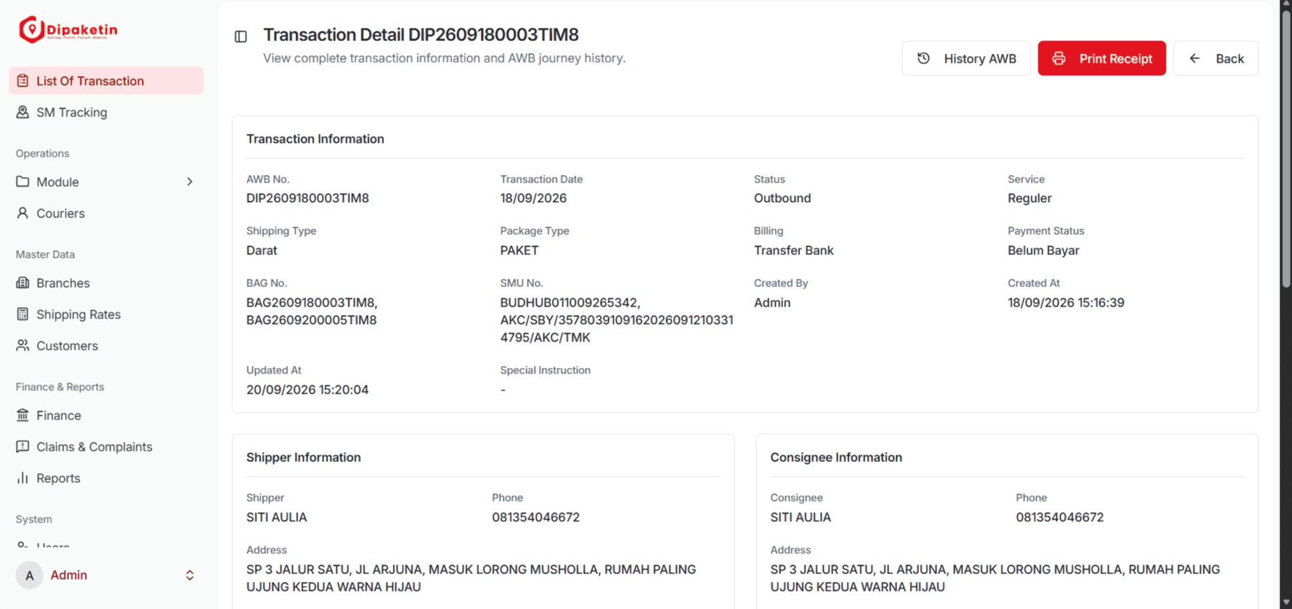Detail transaksi dan informasi resi