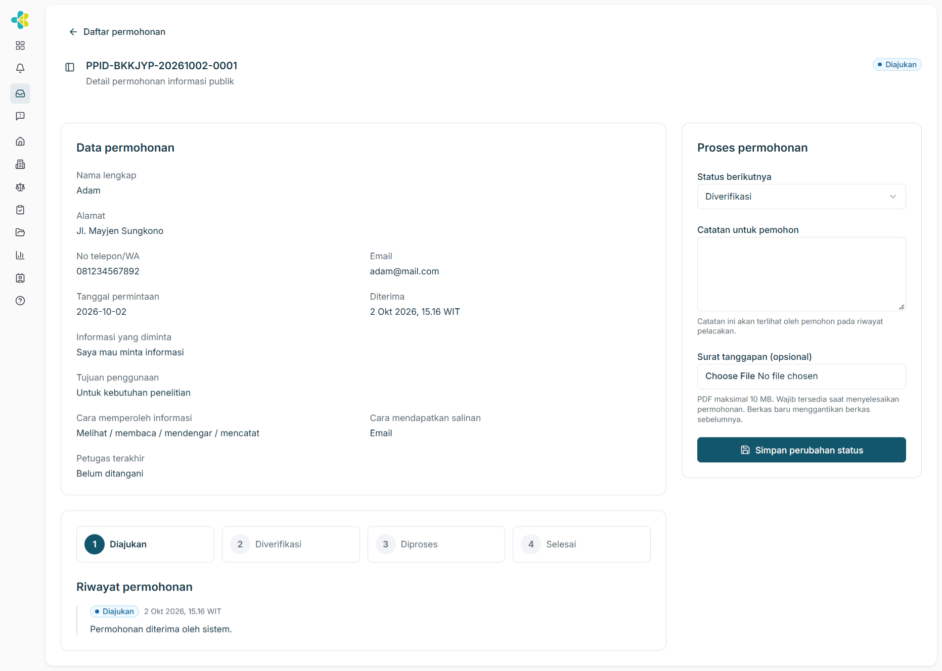 Detail permohonan dan proses perubahan status