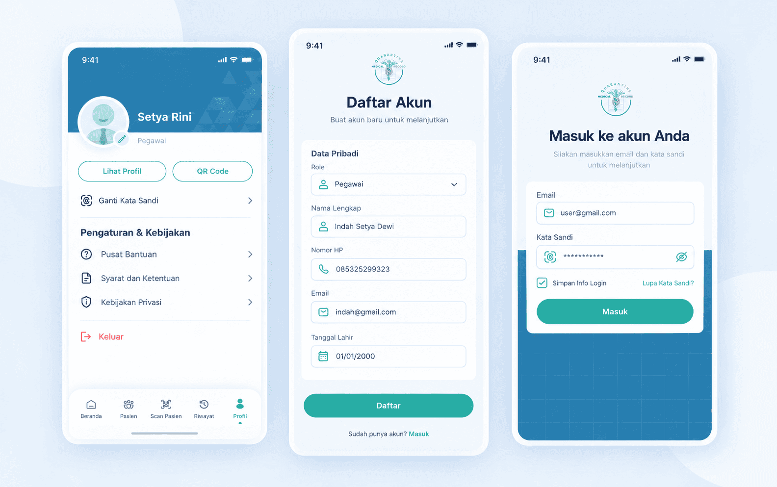 Halaman profil, daftar akun, dan login