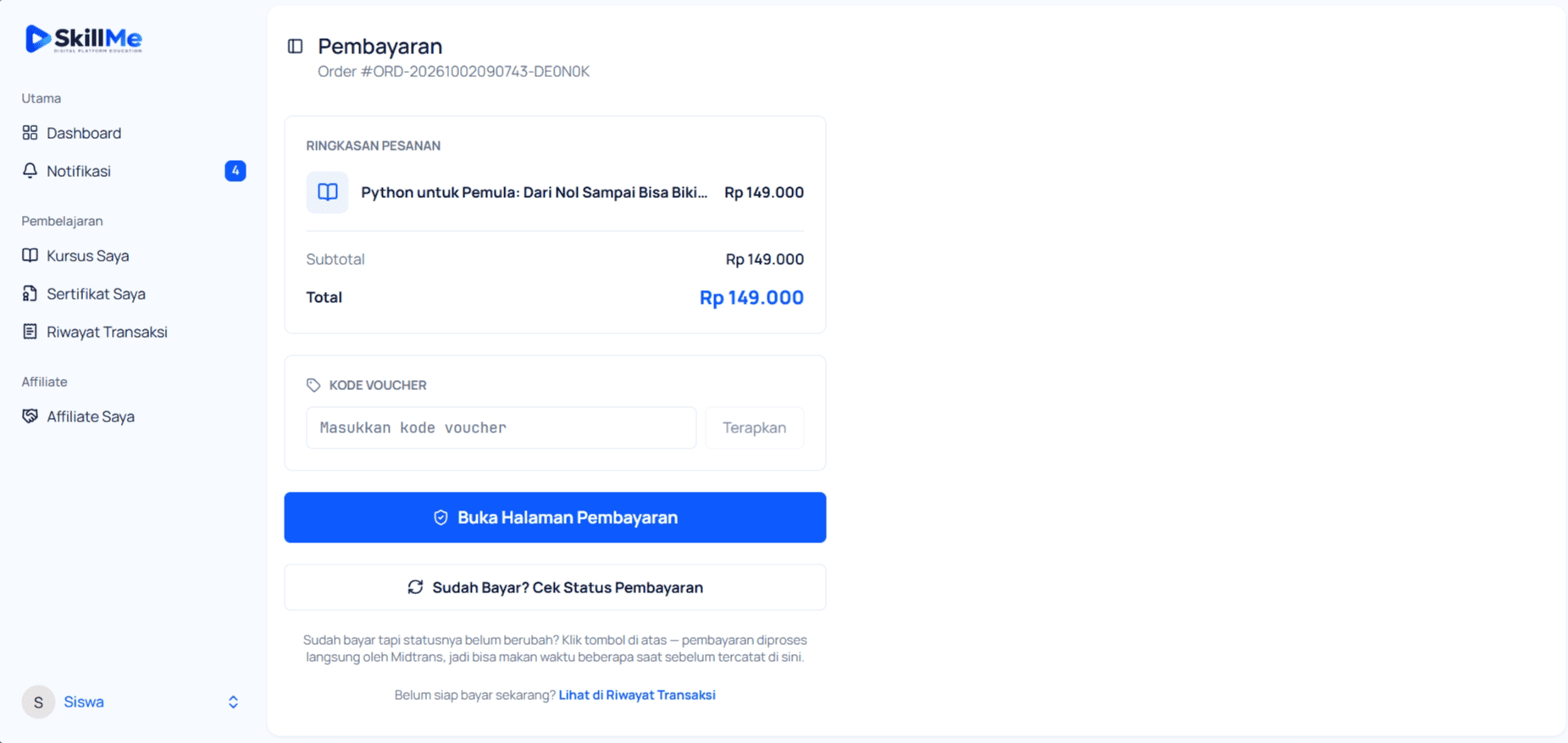 Halaman pembayaran kursus dengan kode voucher